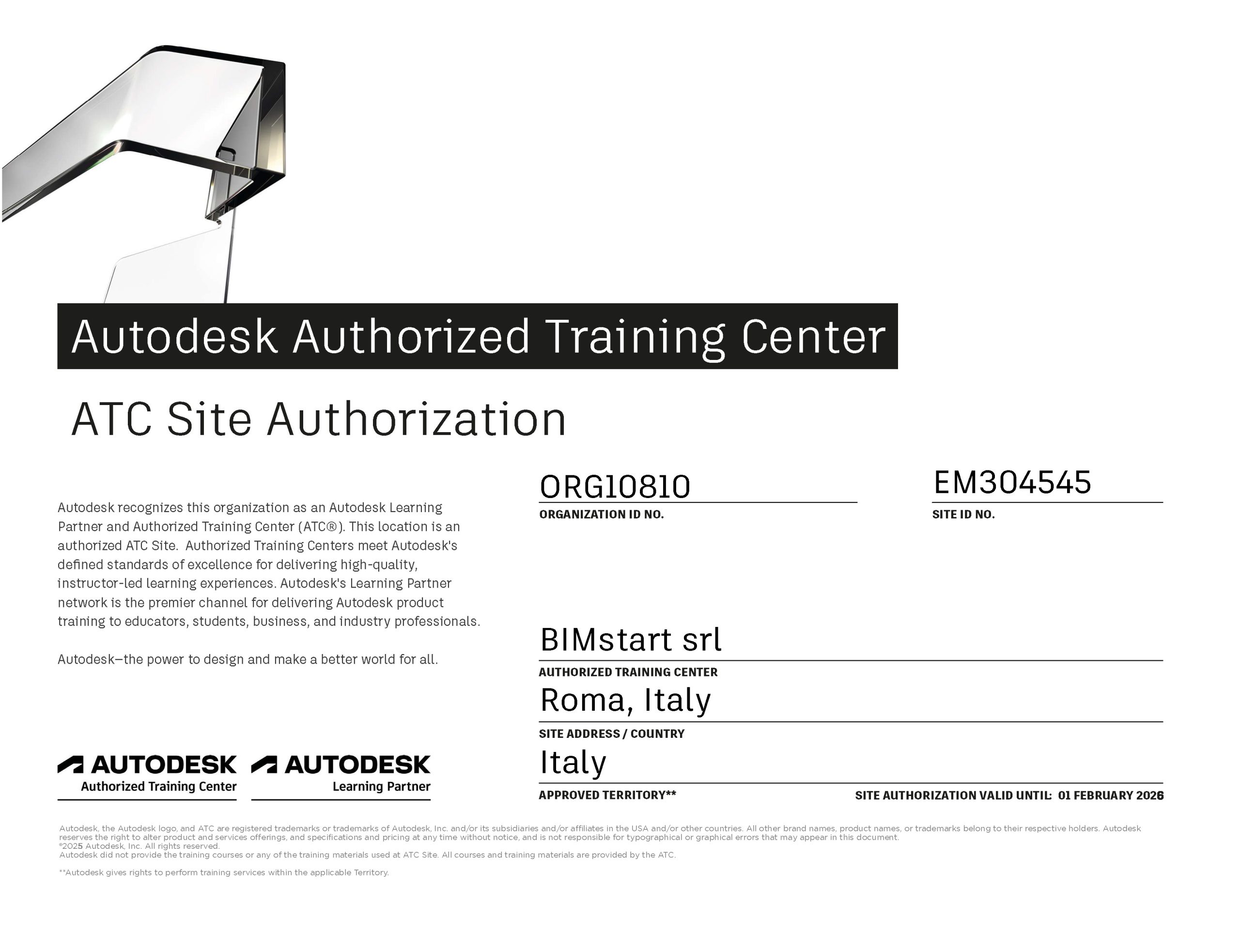 Certificato ufficiale Autodesk ATC di BIMstart srl, centro di formazione autorizzato a Roma